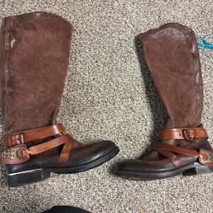 Women's Brown Over-the-Knee Leather Boots with Wrap Strap Detail